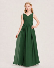 Emerald Green Junior Bridesmaid Dress Ruched V-Neck Pleated Waist Chiffon Floor-Length Gown Front View