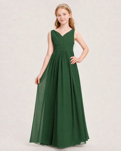 Emerald Green Junior Bridesmaid Dress Ruched V-Neck Pleated Waist Chiffon Floor-Length Gown Front View