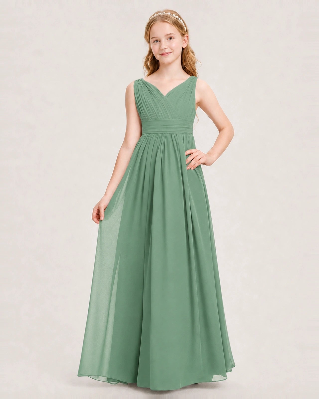 Eucalyptus Junior Bridesmaid Dress Ruched V-Neck Pleated Waist Chiffon Floor-Length Gown Front View