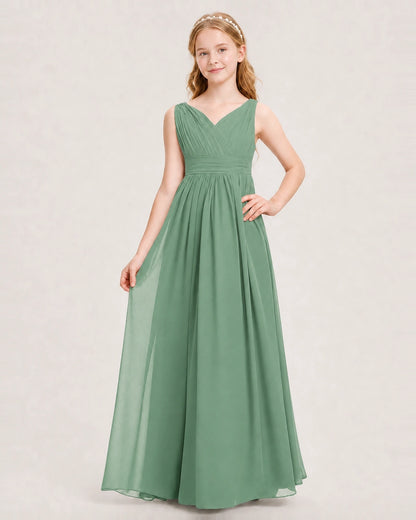 Eucalyptus Junior Bridesmaid Dress Ruched V-Neck Pleated Waist Chiffon Floor-Length Gown Front View