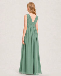 Eucalyptus Junior Bridesmaid Dress Ruched V-Neck Pleated Waist Chiffon Floor-Length Gown Back View