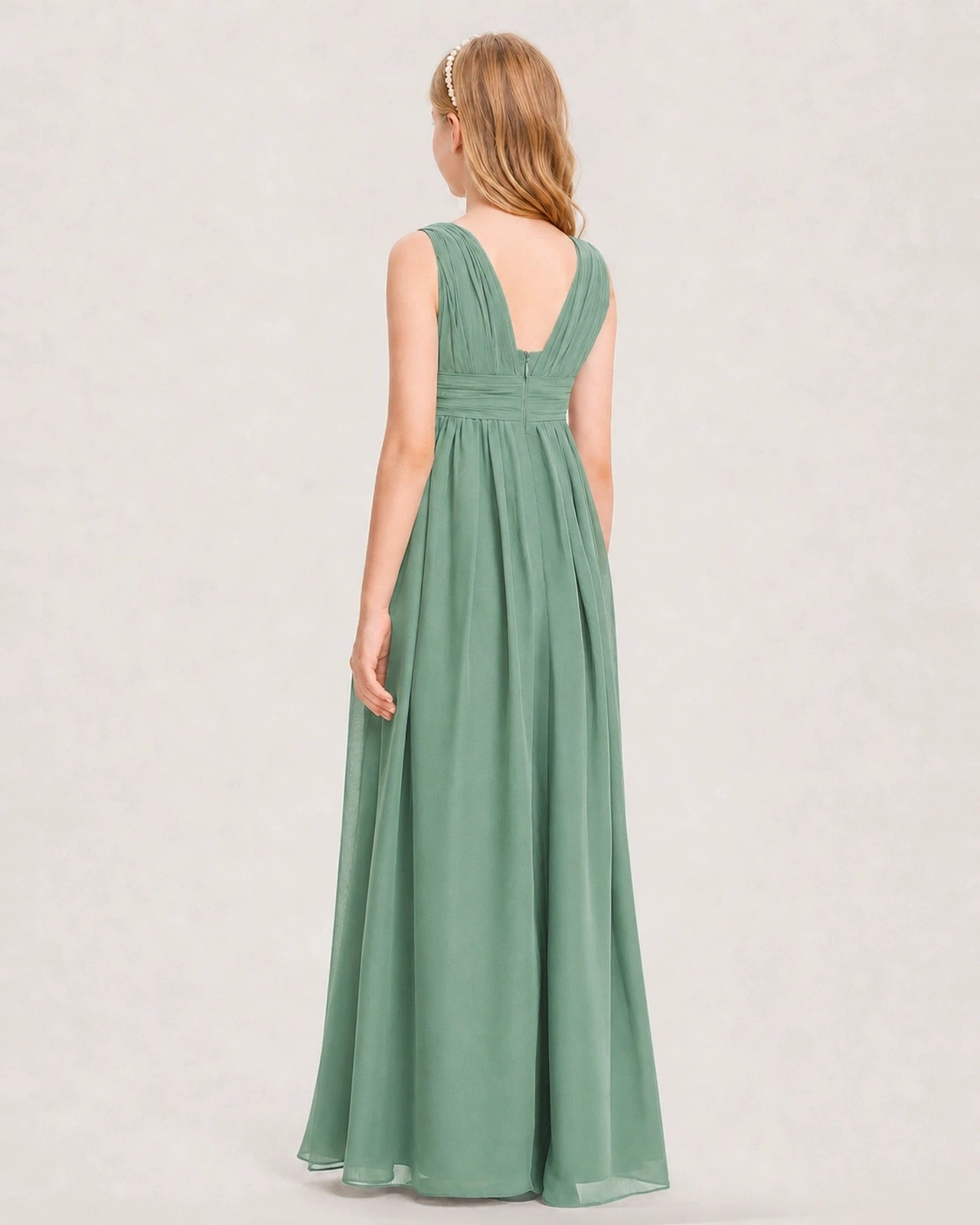 Eucalyptus Junior Bridesmaid Dress Ruched V-Neck Pleated Waist Chiffon Floor-Length Gown Back View