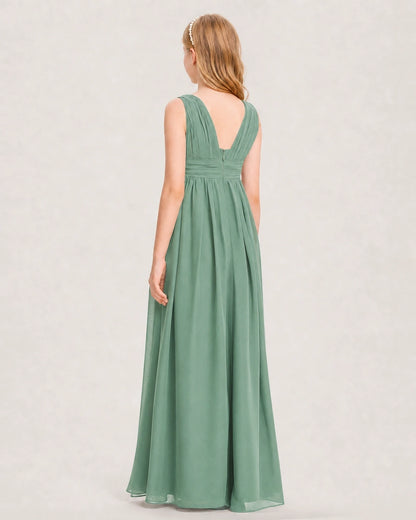 Eucalyptus Junior Bridesmaid Dress Ruched V-Neck Pleated Waist Chiffon Floor-Length Gown Back View