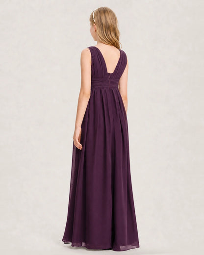 Grape Junior Bridesmaid Dress Ruched V-Neck Pleated Waist Chiffon Floor-Length Gown Back View