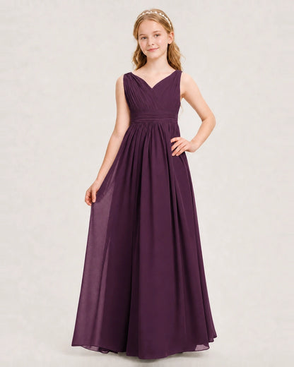 Grape Junior Bridesmaid Dress Ruched V-Neck Pleated Waist Chiffon Floor-Length Gown Front View