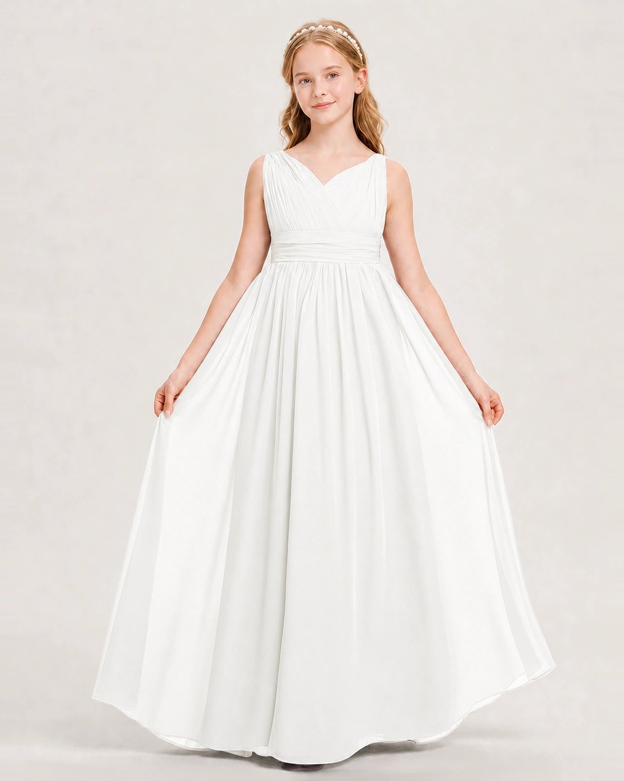 Ivory Junior Bridesmaid Dress Ruched V-Neck Pleated Waist Chiffon Floor-Length Gown Front View