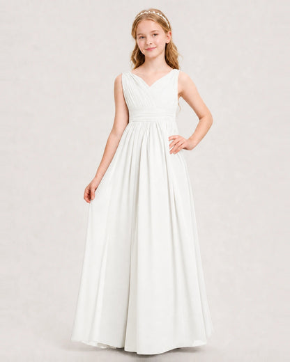 Ivory Junior Bridesmaid Dress Ruched V-Neck Pleated Waist Chiffon Floor-Length Gown Front View