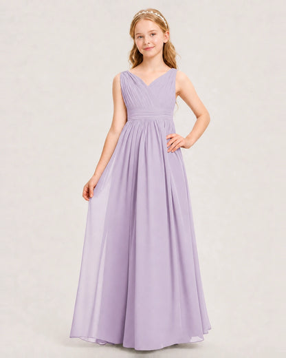 Lavender Junior Bridesmaid Dress Ruched V-Neck Pleated Waist Chiffon Floor-Length Gown Front View