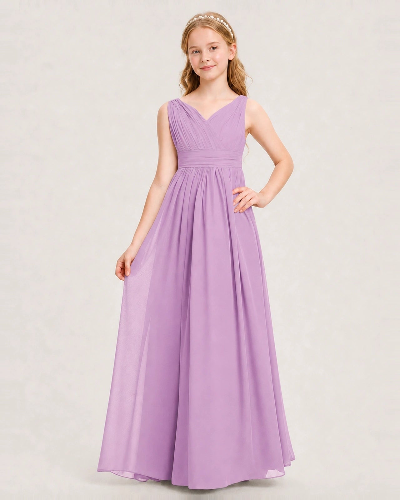 Lilac Junior Bridesmaid Dress Ruched V-Neck Pleated Waist Chiffon Floor-Length Gown Front View