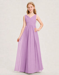 Lilac Junior Bridesmaid Dress Ruched V-Neck Pleated Waist Chiffon Floor-Length Gown Front View
