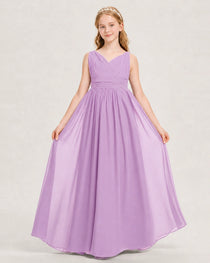 Lilac Junior Bridesmaid Dress Ruched V-Neck Pleated Waist Chiffon Floor-Length Gown Front View