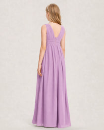 Lilac Junior Bridesmaid Dress Ruched V-Neck Pleated Waist Chiffon Floor-Length Gown Back View