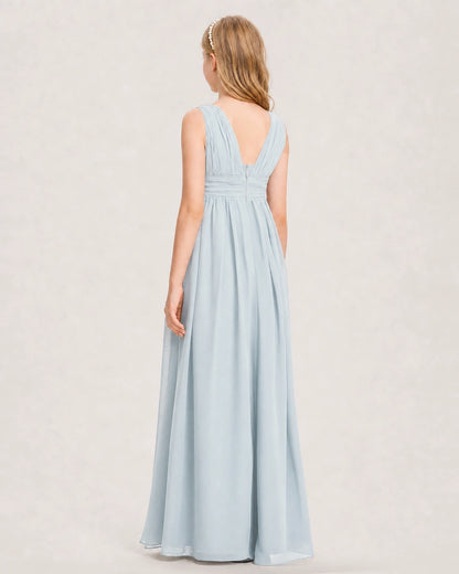 Mist Junior Bridesmaid Dress Ruched V-Neck Pleated Waist Chiffon Floor-Length Gown Back View