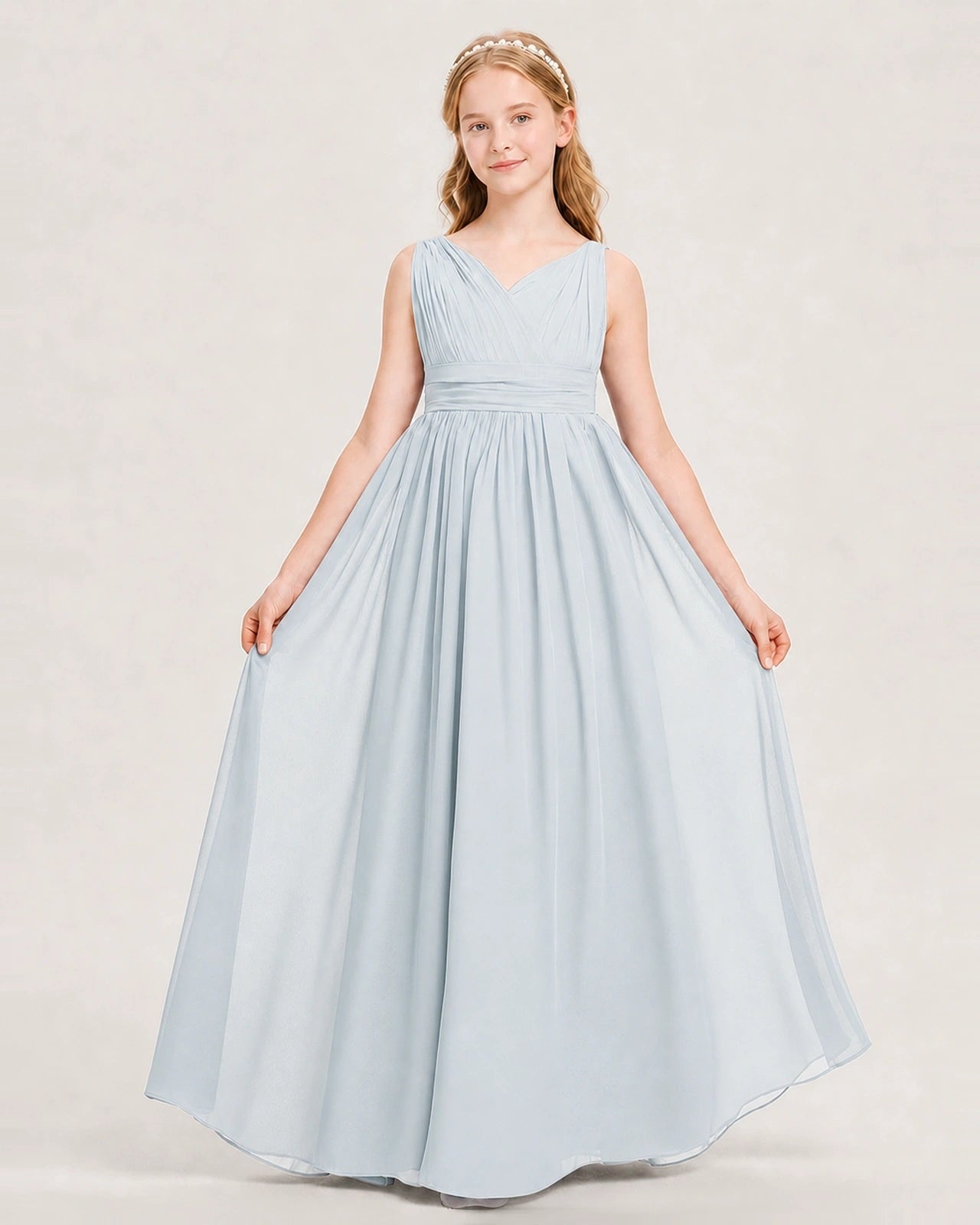 Mist Junior Bridesmaid Dress Ruched V-Neck Pleated Waist Chiffon Floor-Length Gown Front View