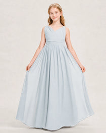 Mist Junior Bridesmaid Dress Ruched V-Neck Pleated Waist Chiffon Floor-Length Gown Front View