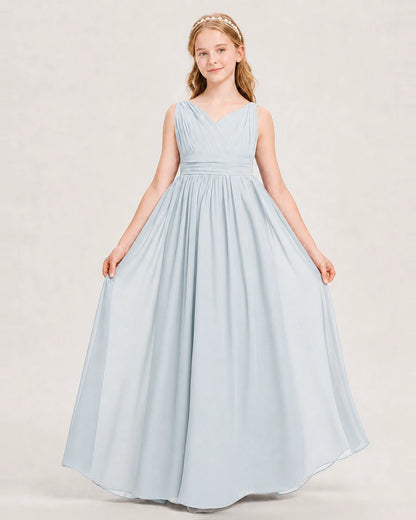 Mist Junior Bridesmaid Dress Ruched V-Neck Pleated Waist Chiffon Floor-Length Gown Front View