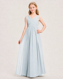 Mist Junior Bridesmaid Dress Ruched V-Neck Pleated Waist Chiffon Floor-Length Gown Front View