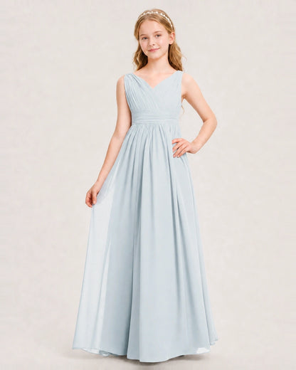 Mist Junior Bridesmaid Dress Ruched V-Neck Pleated Waist Chiffon Floor-Length Gown Front View