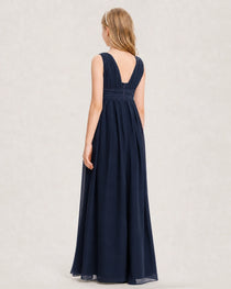 Navy Blue Junior Bridesmaid Dress Ruched V-Neck Pleated Waist Chiffon Floor-Length Gown Back View