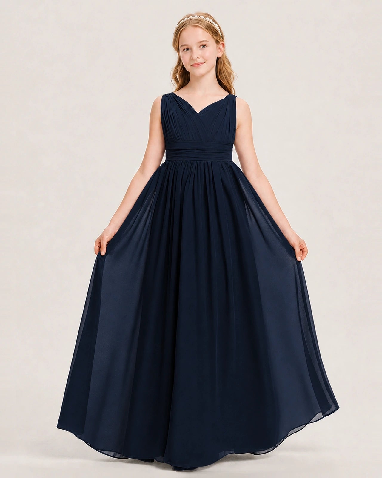 Navy Blue Junior Bridesmaid Dress Ruched V-Neck Pleated Waist Chiffon Floor-Length Gown Front View