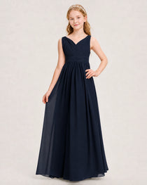 Navy Blue Junior Bridesmaid Dress Ruched V-Neck Pleated Waist Chiffon Floor-Length Gown Front View