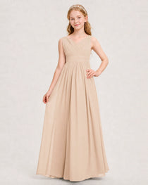 Peach Junior Bridesmaid Dress Ruched V-Neck Pleated Waist Chiffon Floor-Length Gown Front View