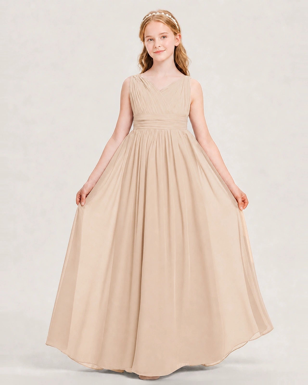 Peach Junior Bridesmaid Dress Ruched V-Neck Pleated Waist Chiffon Floor-Length Gown Front View