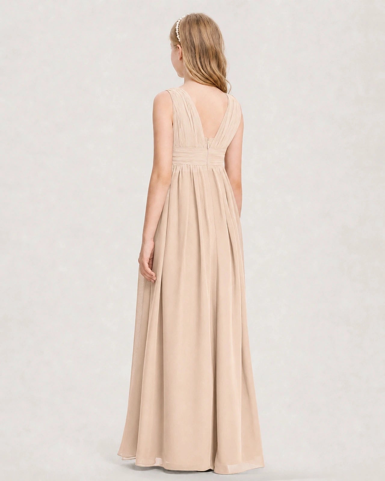 Peach Junior Bridesmaid Dress Ruched V-Neck Pleated Waist Chiffon Floor-Length Gown Back View
