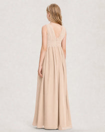 Peach Junior Bridesmaid Dress Ruched V-Neck Pleated Waist Chiffon Floor-Length Gown Back View