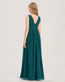 Peacock Junior Bridesmaid Dress Ruched V-Neck Pleated Waist Chiffon Floor-Length Gown Back View