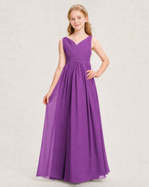 Purple Junior Bridesmaid Dress Ruched V-Neck Pleated Waist Chiffon Floor-Length Gown Front View