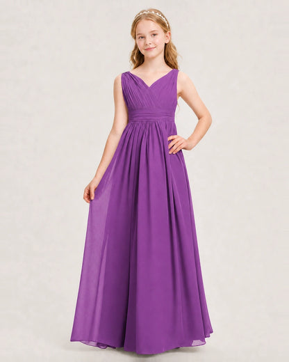 Purple Junior Bridesmaid Dress Ruched V-Neck Pleated Waist Chiffon Floor-Length Gown Front View