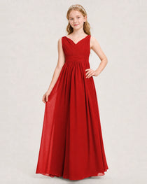 Red Junior Bridesmaid Dress Ruched V-Neck Pleated Waist Chiffon Floor-Length Gown Front View