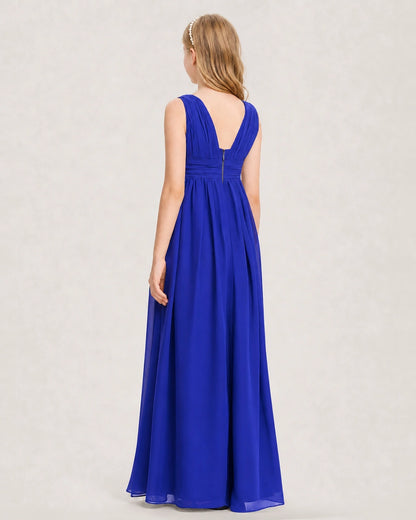 Royal Blue Junior Bridesmaid Dress Ruched V-Neck Pleated Waist Chiffon Floor-Length Gown Back View