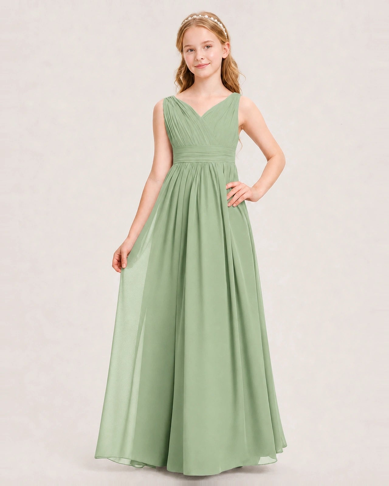 Sage Green Junior Bridesmaid Dress Ruched V-Neck Pleated Waist Chiffon Floor-Length Gown Front View