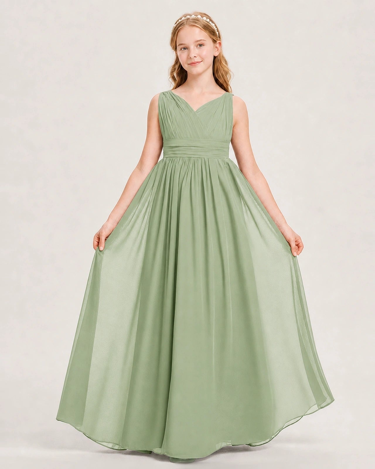 Sage Green Junior Bridesmaid Dress Ruched V-Neck Pleated Waist Chiffon Floor-Length Gown Front View