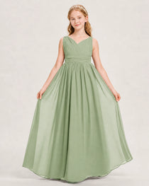 Sage Green Junior Bridesmaid Dress Ruched V-Neck Pleated Waist Chiffon Floor-Length Gown Front View