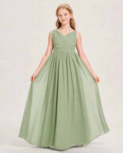 Sage Green Junior Bridesmaid Dress Ruched V-Neck Pleated Waist Chiffon Floor-Length Gown Front View