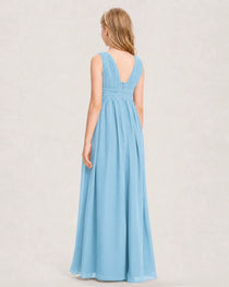 Sky Blue Junior Bridesmaid Dress Ruched V-Neck Pleated Waist Chiffon Floor-Length Gown Back View