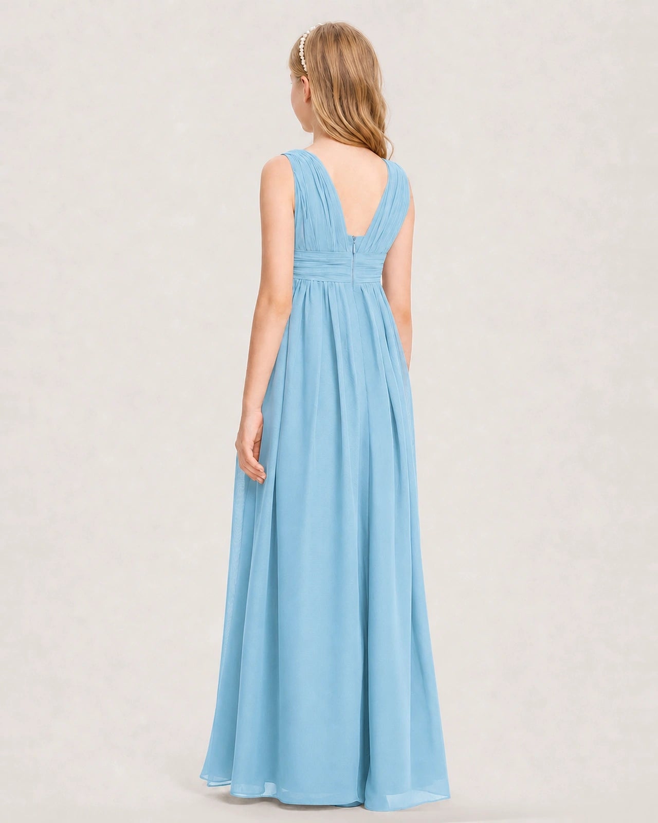Sky Blue Junior Bridesmaid Dress Ruched V-Neck Pleated Waist Chiffon Floor-Length Gown Back View