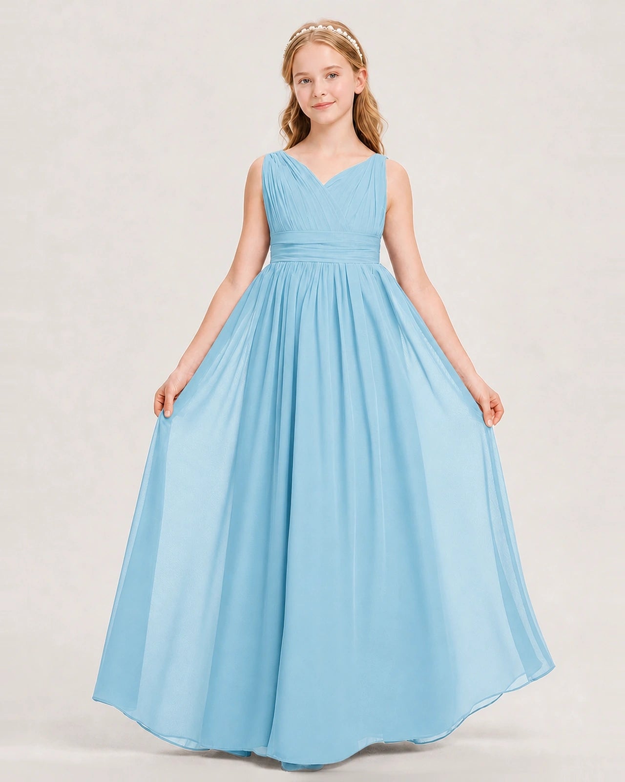 Sky Blue Junior Bridesmaid Dress Ruched V-Neck Pleated Waist Chiffon Floor-Length Gown Front View