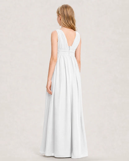 White Junior Bridesmaid Dress Ruched V-Neck Pleated Waist Chiffon Floor-Length Gown Back View