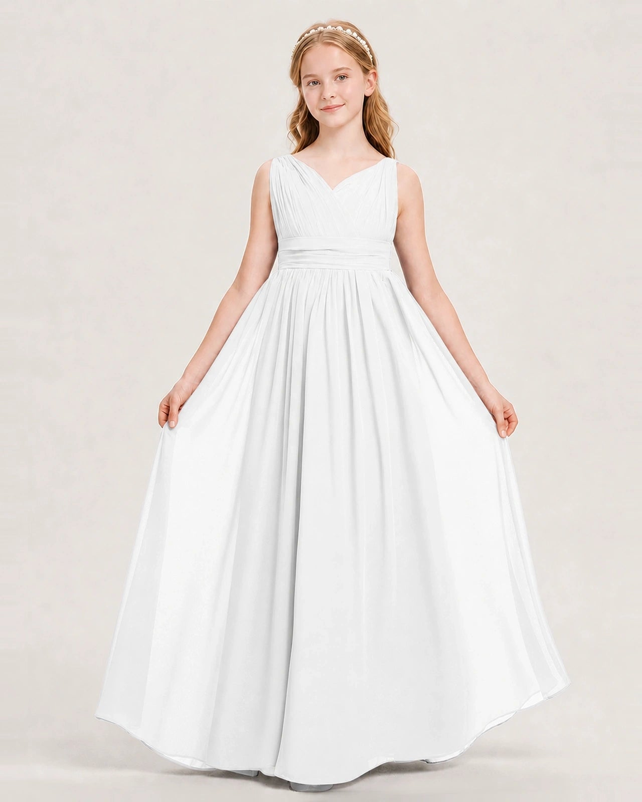 White Junior Bridesmaid Dress Ruched V-Neck Pleated Waist Chiffon Floor-Length Gown Front View