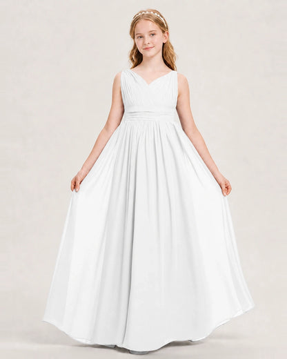 White Junior Bridesmaid Dress Ruched V-Neck Pleated Waist Chiffon Floor-Length Gown Front View