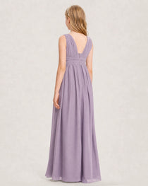 Wisteria Junior Bridesmaid Dress Ruched V-Neck Pleated Waist Chiffon Floor-Length Gown Back View