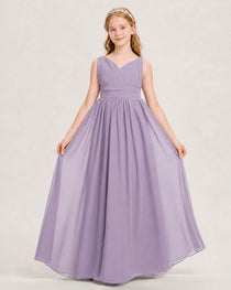 Wisteria Junior Bridesmaid Dress Ruched V-Neck Pleated Waist Chiffon Floor-Length Gown Front View