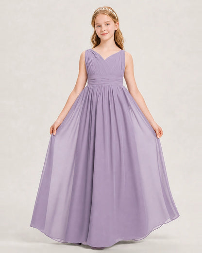 Wisteria Junior Bridesmaid Dress Ruched V-Neck Pleated Waist Chiffon Floor-Length Gown Front View