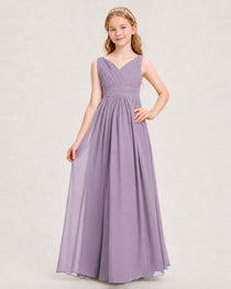 Wisteria Junior Bridesmaid Dress Ruched V-Neck Pleated Waist Chiffon Floor-Length Gown Front View