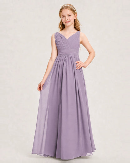 Wisteria Junior Bridesmaid Dress Ruched V-Neck Pleated Waist Chiffon Floor-Length Gown Front View