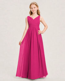 Hot Pink Junior Bridesmaid Dress Ruched V-Neck Pleated Waist Chiffon Floor-Length Gown Front View